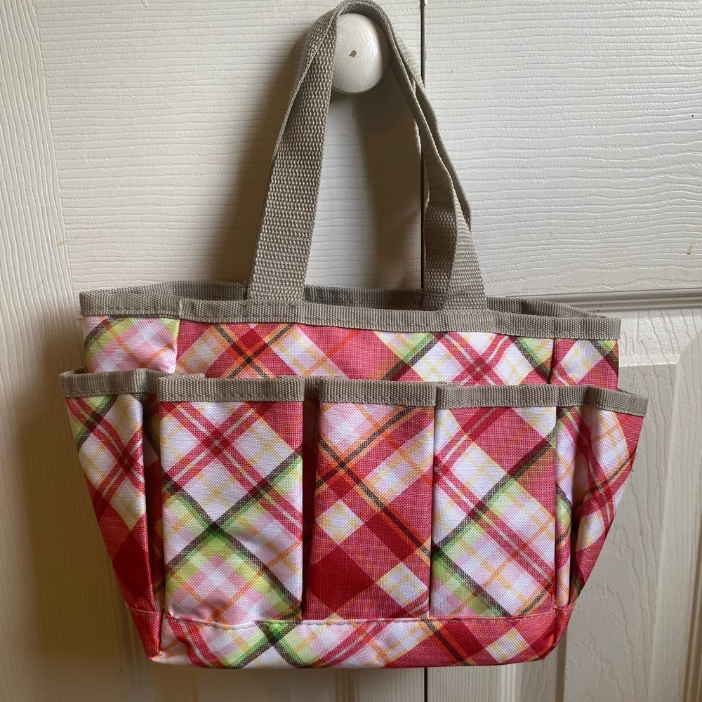 thirty-one Pink Plaid “Mad for Madras” Mini Tote- Red Monogrammed N - Picture 3 of 5